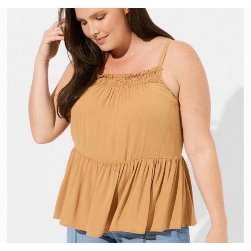 Torrid Crinkle Gauze Sleeveless Crochet Tank Biscuit Tan Peplum Top 3 3X 22-24‎